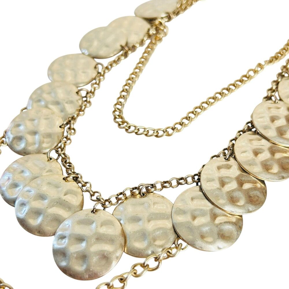 CHICOS Hammered Gold Circles Coins Layered Strand Necklace 28 In Long
